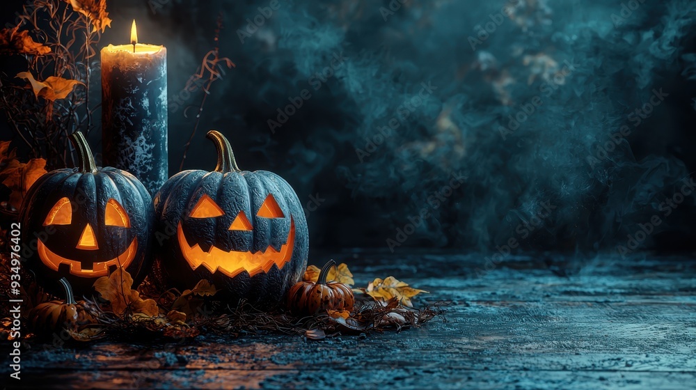 Fototapeta premium Seasonal Halloween decorations with Gothic ambiance, mysterious lighting, Web banner with copy space 