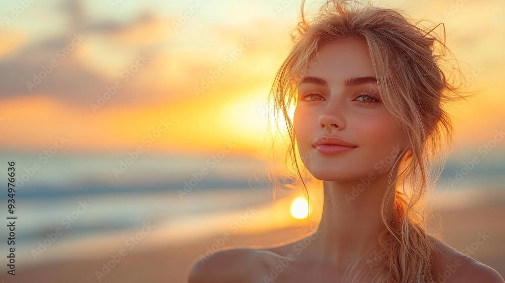Portrait of a woman at sunset by the beach with golden hu Portrait of a woman at sunset by the beach with golden hu