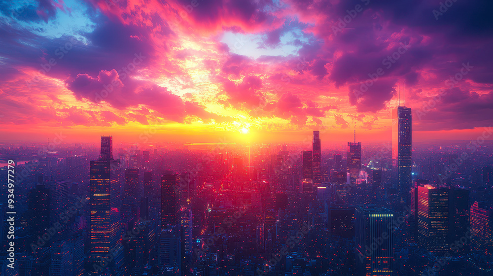 Fototapeta premium Dusk City Skyline with Vibrant Illuminated Skyscrapers and City Lights Capturing Dynamic Urban Life and Sunset