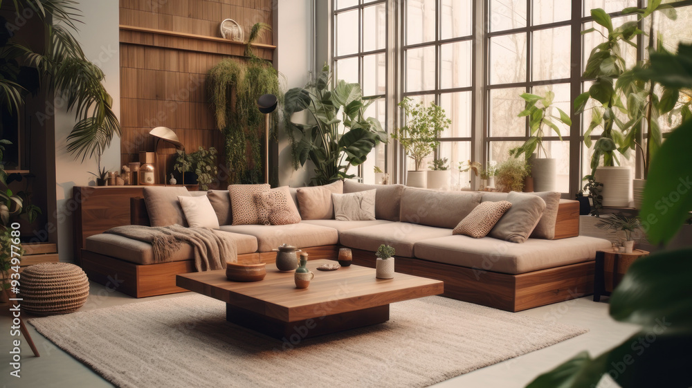 minimalist interior open space design modular sofa, furniture, wooden coffee tables, pillows, tropical plants elegant personal accessories in stylish home decor. Neutral living room minimalist interior open space design modular sofa, furniture, wooden coffee tables, pillows, tropical plants elegant personal accessories in stylish home decor. Neutral living room