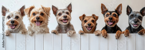 A row of dogs are standing next to a fence, all of them smiling. The dogs are of different sizes and colors, including white, brown, and black. Concept of happiness and warmth photo