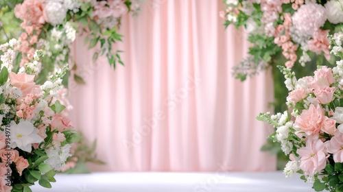 Pastel pink floral arch framing a soft draped curtain, perfect for wedding ceremonies, event decor