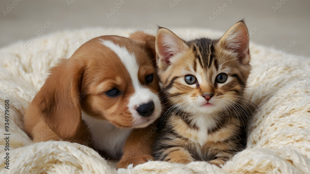 A heartwarming image of a puppy and kitten cuddled together in a loving embrace, showcasing their close bond and affection, radiating warmth and companionship. A heartwarming image of a puppy and kitten cuddled together in a loving embrace, showcasing their close bond and affection, radiating warmth and companionship.