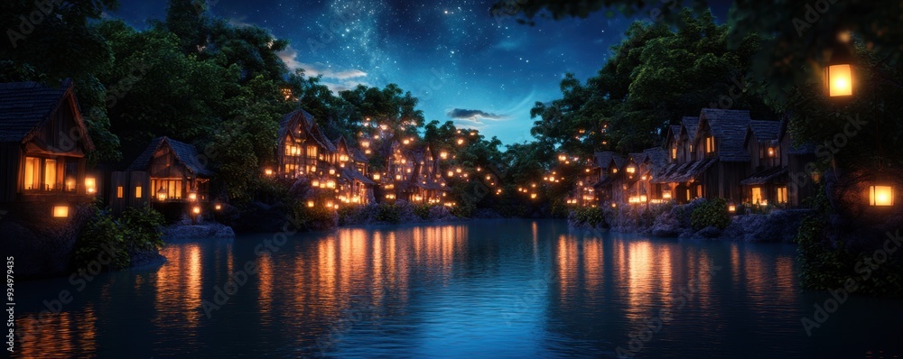 a fantasy village by a sparkling river, illuminated by glowing lanterns. a fantasy village by a sparkling river, illuminated by glowing lanterns.