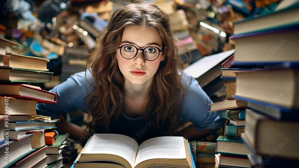 A girl with glasses is lying on her books, She has long brown hair in ...