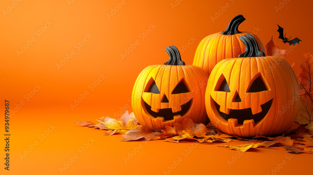 Halloween Jack O Lanterns with Carved Faces on Orange Background with Leaves and Bat Decoration for Festive Autumn Theme Halloween Jack O Lanterns with Carved Faces on Orange Background with Leaves and Bat Decoration for Festive Autumn Theme