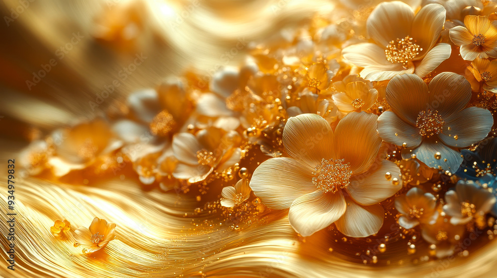 Luxurious 3D Golden Floral Design with Dark Accents on Radiant Background, Art Deco Style, Elegant Decorative Floral Pattern for Premium Design Projects Luxurious 3D Golden Floral Design with Dark Accents on Radiant Background, Art Deco Style, Elegant Decorative Floral Pattern for Premium Design Projects