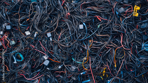 A chaotic jumble of various electrical cables and wires tangled together, representing electronic waste and cluttered technology. photo