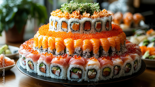 Tiered Sushi Cake Centerpiece with Japanese Cuisine Catering Display for Event or Celebration photo