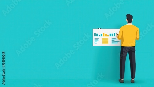 Data scientist interpreting financial statistics with graphs, flat design illustration photo