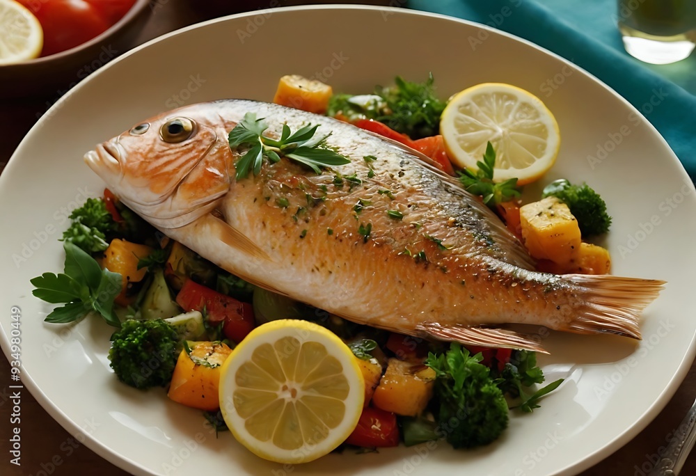 Delicious Fish dish with lemon and salad, Baked or fried salmon or tuna, seafood Healthy concept Delicious Fish dish with lemon and salad, Baked or fried salmon or tuna, seafood Healthy concept