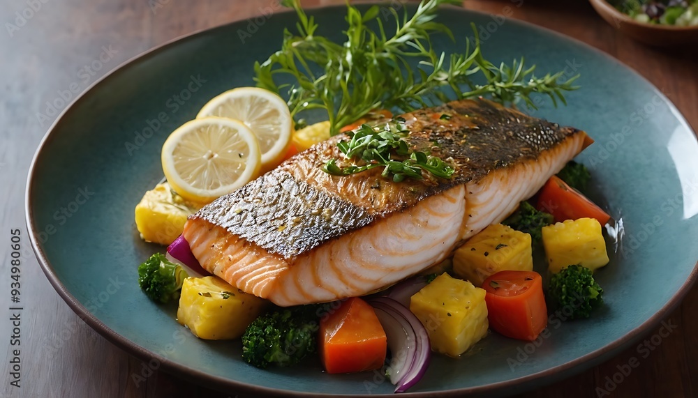 Delicious Fish dish with lemon and salad, Baked or fried salmon or tuna, seafood Healthy concept Delicious Fish dish with lemon and salad, Baked or fried salmon or tuna, seafood Healthy concept