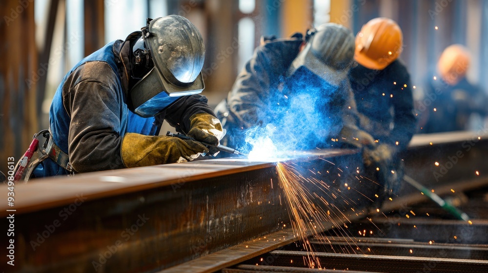 A welder wearing a protective helmet and gloves, welds a metal beam with sparks flying and smoke rising from the weld. A welder wearing a protective helmet and gloves, welds a metal beam with sparks flying and smoke rising from the weld.