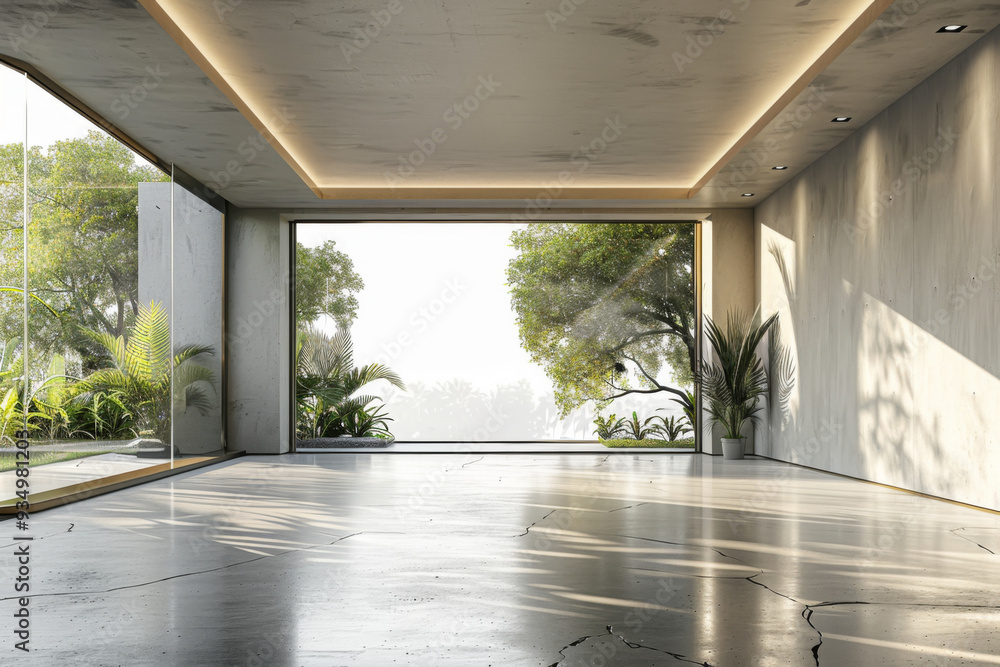 Fototapeta premium Modern contemporary empty hall nature render overlooking living room behind concrete floors