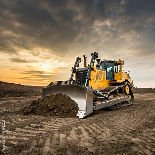 Bulldozer or loader moves the earth at the construction site against the sunset sky. Contrasting image of a modern loader or bulldozer. Construction heavy equipment for earthworks