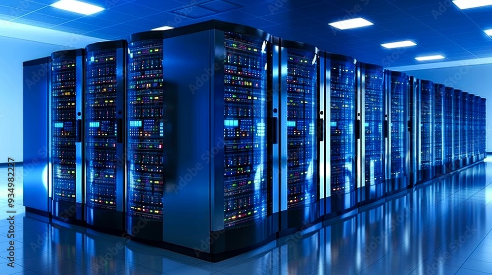 Row of Servers in a Data Center with Blue Lighting Row of Servers in a Data Center with Blue Lighting