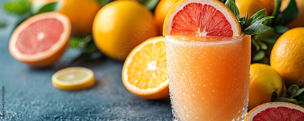 A glass of citrus detox juice with orange, grapefruit, and lemon, set against a background of vibrant, fresh citrus fruits, detox cleanse, zesty and refreshing A glass of citrus detox juice with orange, grapefruit, and lemon, set against a background of vibrant, fresh citrus fruits, detox cleanse, zesty and refreshing