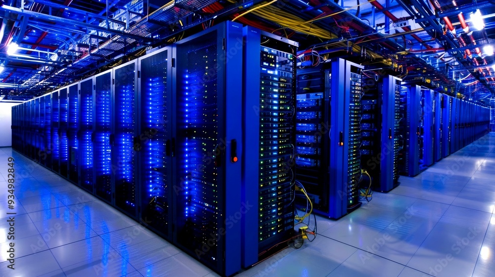 Rows of Server Racks in a Data Center with Blue Lights Rows of Server Racks in a Data Center with Blue Lights