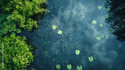 A serene pond teeming with marsh vegetation and dotted with beautiful lily pads photo