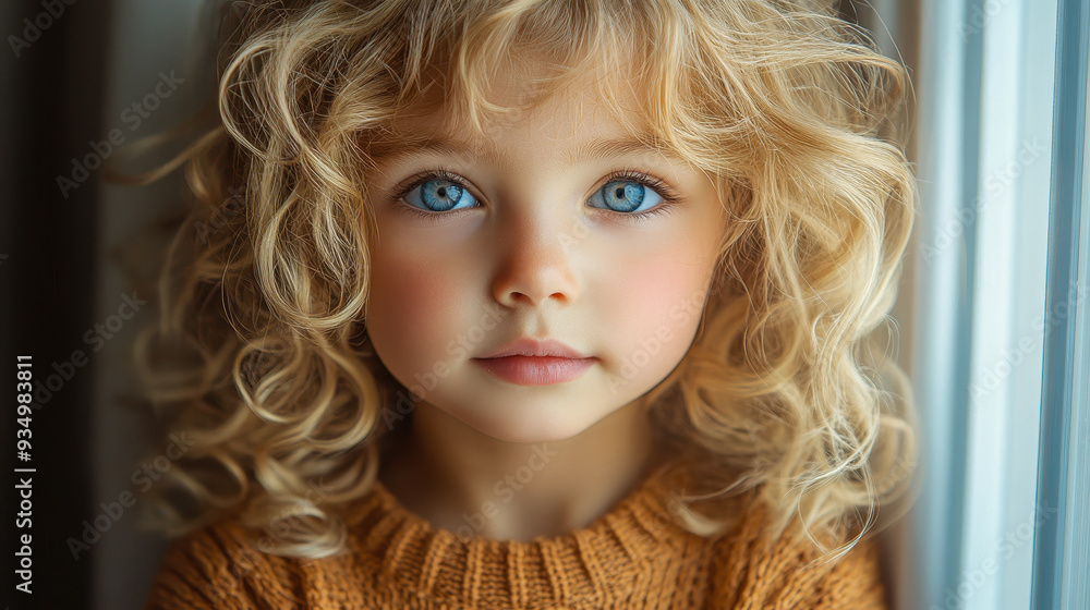Contemplative Little Curly Blonde Girl Looking Out Window in Warm Natural Light, Close-Up Portrait Capturing Natural Simplicity, Naivety, and Pure Soul, Reflective Mood and Innocence Contemplative Little Curly Blonde Girl Looking Out Window in Warm Natural Light, Close-Up Portrait Capturing Natural Simplicity, Naivety, and Pure Soul, Reflective Mood and Innocence