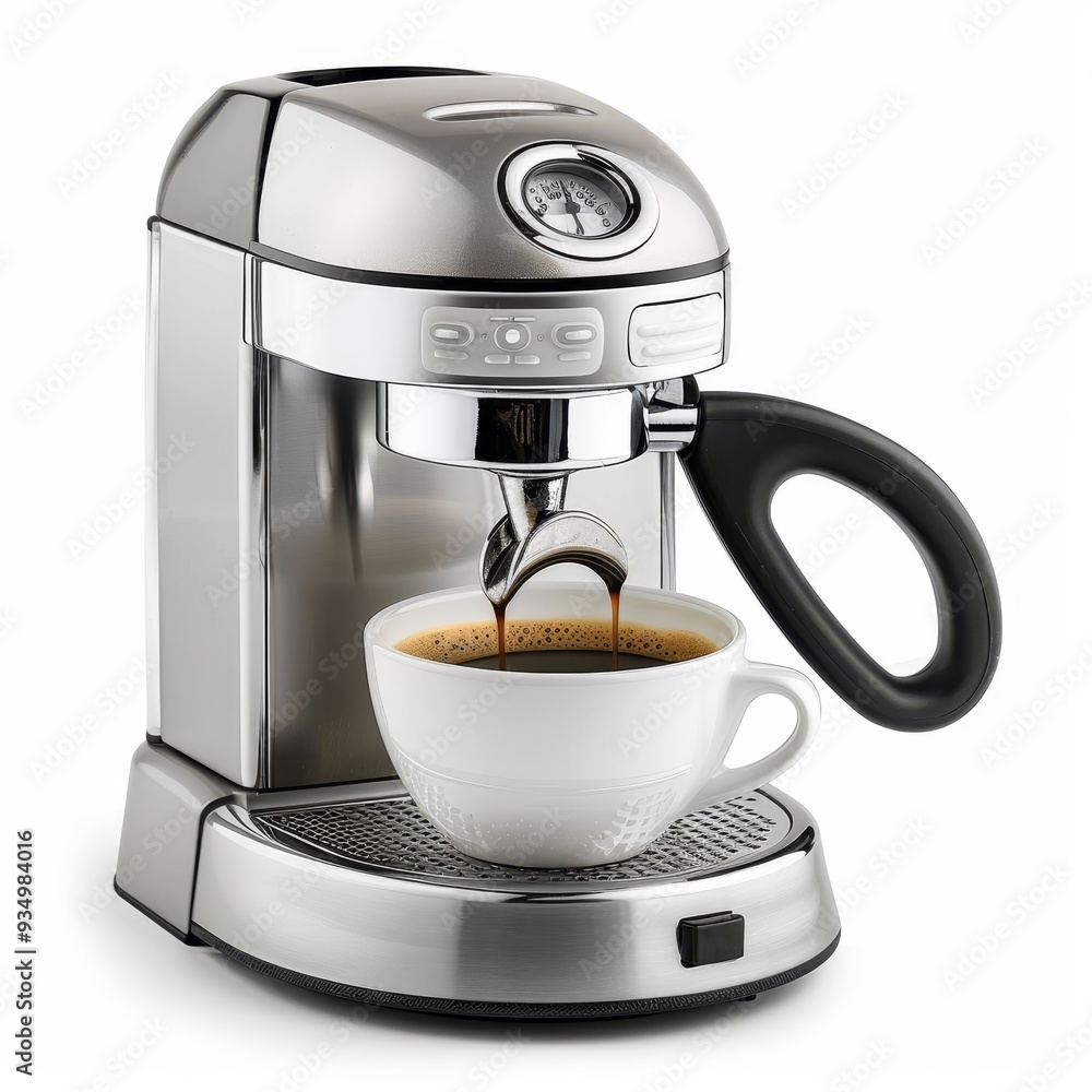 A silver espresso machine with a cup of coffee brewing. The machine has a sleek design with a dial on the front. A silver espresso machine with a cup of coffee brewing. The machine has a sleek design with a dial on the front.