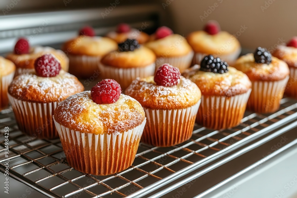 Freshly baked cupcakes topped with raspberries and blackberries on a cooling rack, perfect for dessert lovers. Freshly baked cupcakes topped with raspberries and blackberries on a cooling rack, perfect for dessert lovers.