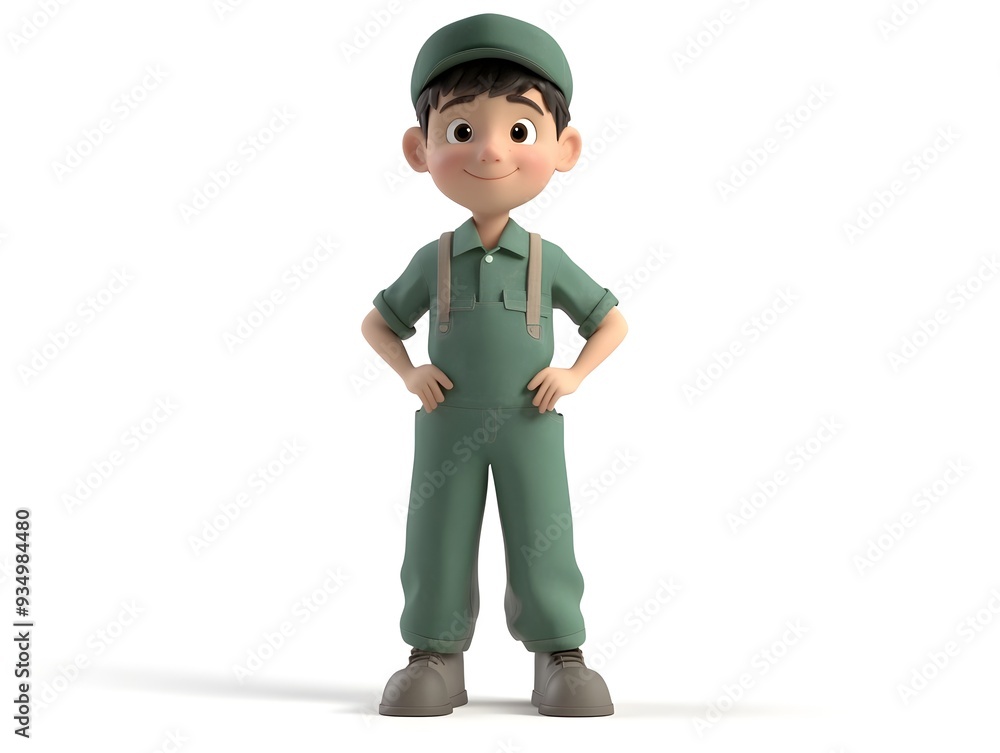 3D animated full body render of a young male character wearing a janitor uniform standing centered on an isolated white background with no shadow 3D animated full body render of a young male character wearing a janitor uniform standing centered on an isolated white background with no shadow