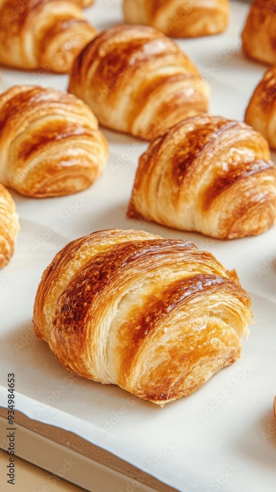 Freshly baked croissants with a golden-brown crust arranged on parchment paper, perfect for breakfast or pastry lovers. Freshly baked croissants with a golden-brown crust arranged on parchment paper, perfect for breakfast or pastry lovers.