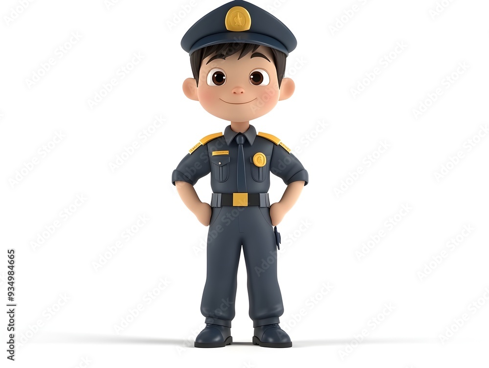 3D animated full body character of a young security guard boy wearing a professional uniform and standing at the center of a plain white background with no shadows 3D animated full body character of a young security guard boy wearing a professional uniform and standing at the center of a plain white background with no shadows