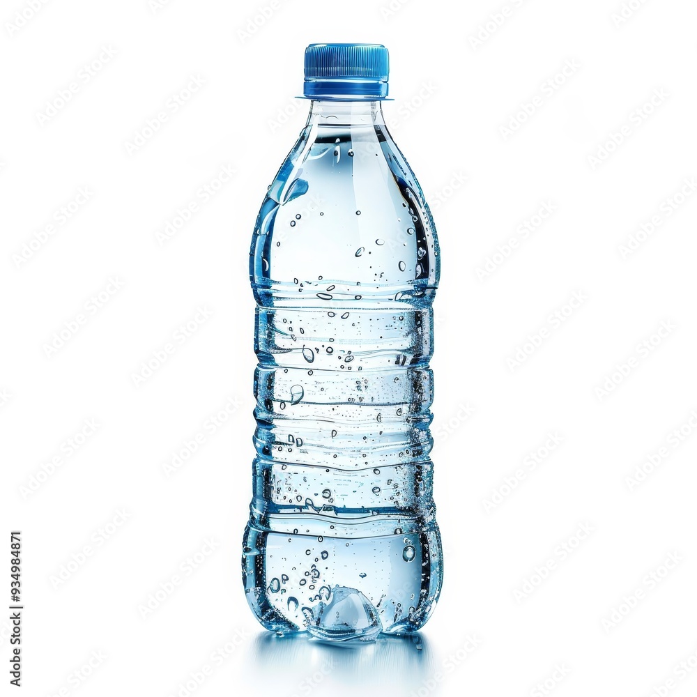 A single plastic bottle of water with a blue cap, isolated on a white background. A single plastic bottle of water with a blue cap, isolated on a white background.