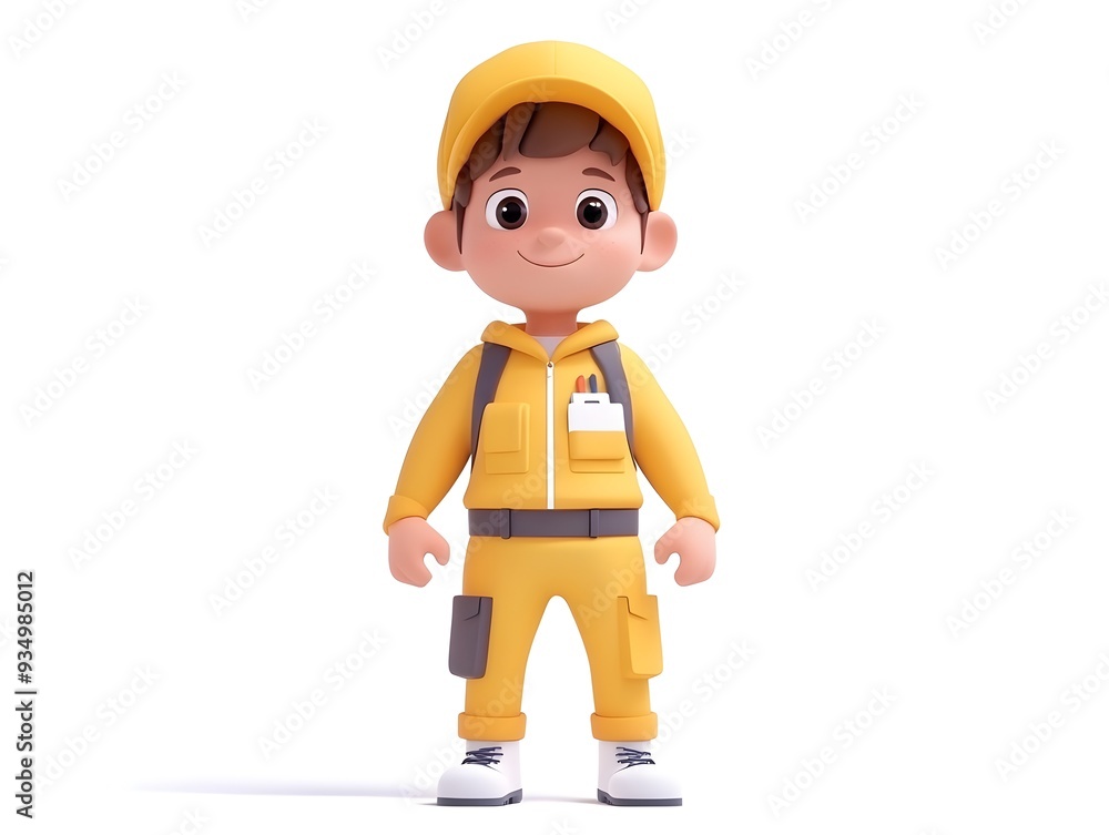 Fully Rendered 3D Animation of a Boy Wearing a Graphic Designer Uniform Standing Centered on a Clean White Background with No Shadows Fully Rendered 3D Animation of a Boy Wearing a Graphic Designer Uniform Standing Centered on a Clean White Background with No Shadows