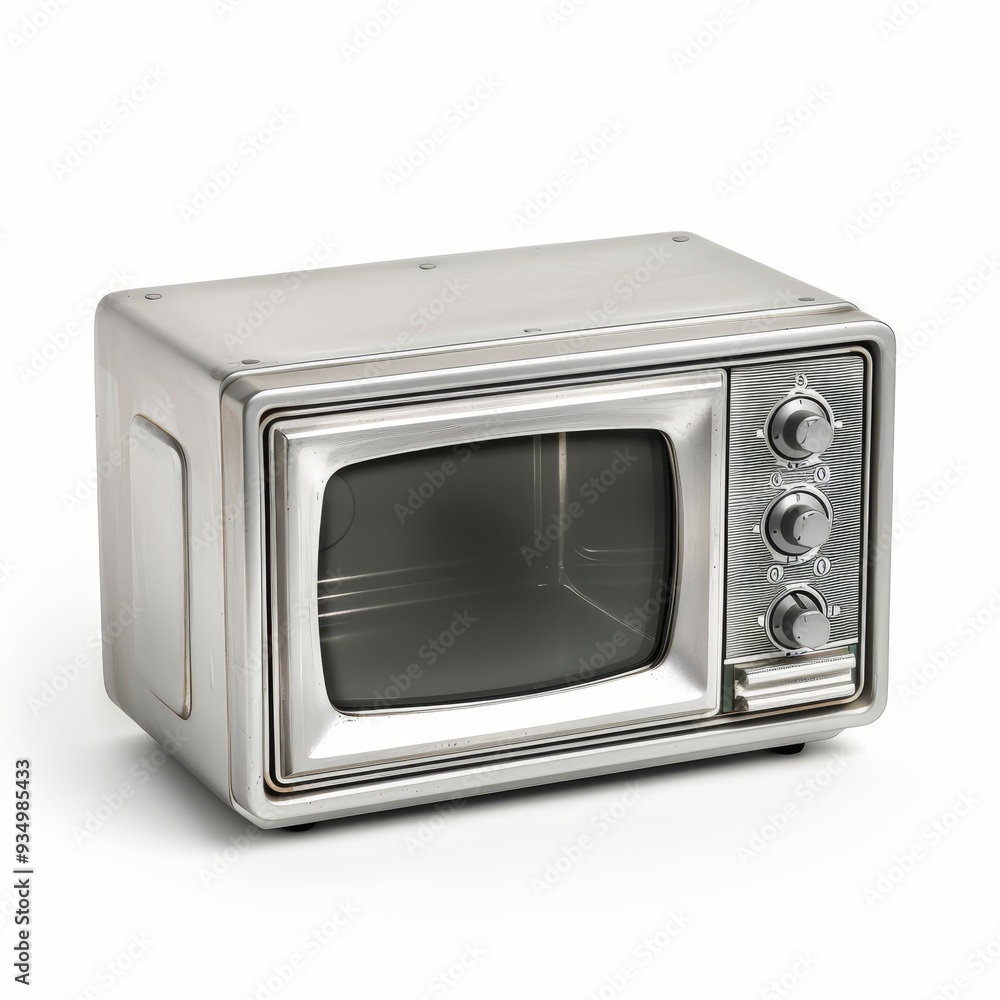 Obraz premium A sleek silver microwave oven with a classic design, isolated on a white background. The microwave has a glass door and three knobs on the front.