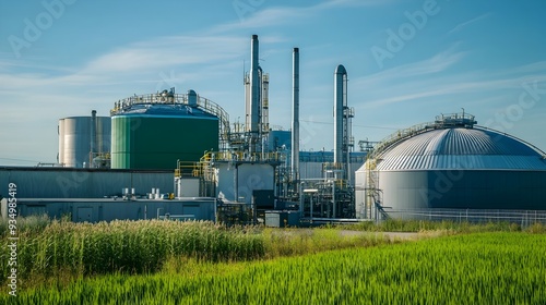 Biogas Plant Converting Organic Waste into Renewable Energy A facility with storage tanks and processing units in the background