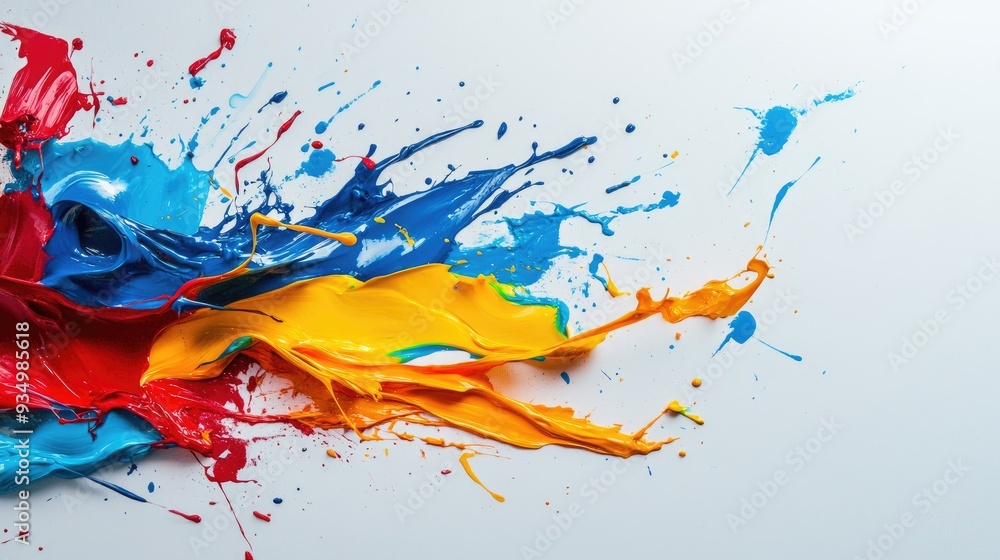 Abstract paint splatters of red, blue, and yellow on white background. Abstract paint splatters of red, blue, and yellow on white background.
