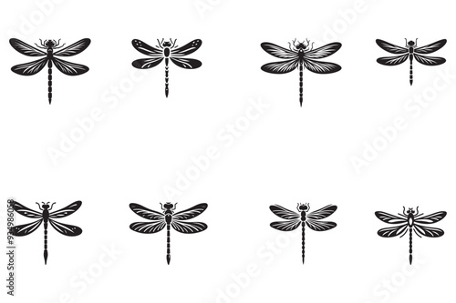 A collection of black Dragonfly silhouette icons set against a white background for design and web.