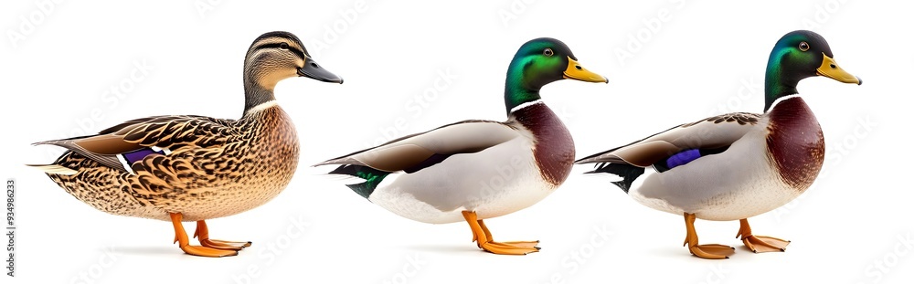 Three Mallard Ducks on White Background. Three Mallard Ducks on White Background.