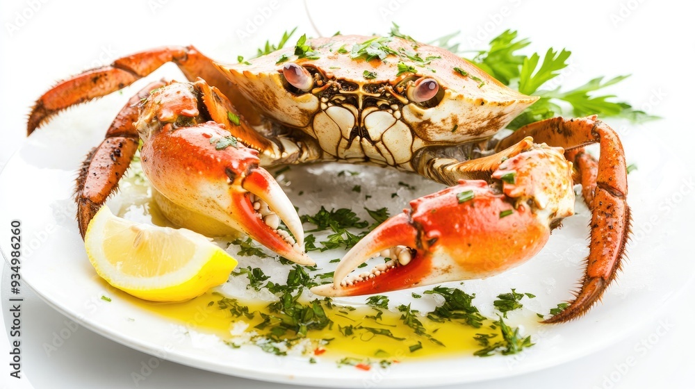 Steamed crab with lemon and herbs on a white plate.