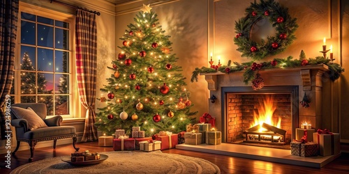 Cozy Christmas scene with a beautifully decorated tree beside a warm fireplace , Christmas, tree, fireplace, cozy