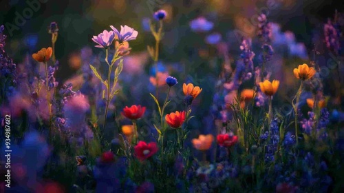 Close-up of a field of colorful flowers, emphasizing the delicate textures and vibrant colors of each bloom