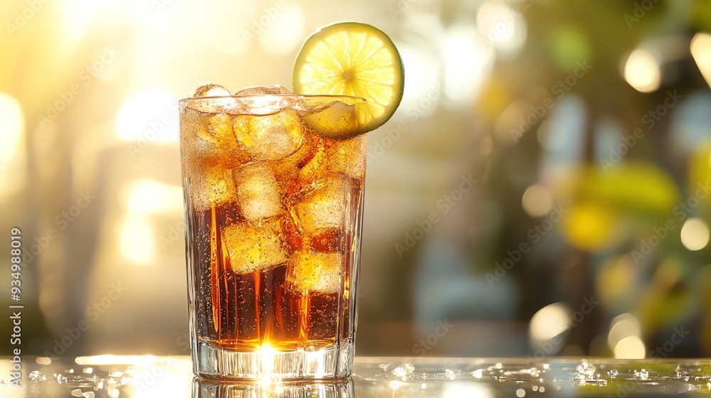 Tall glass of iced soda with a slice of lime, ice cubes sparkling in the sunlight, cold drink, crisp and invigorating Tall glass of iced soda with a slice of lime, ice cubes sparkling in the sunlight, cold drink, crisp and invigorating