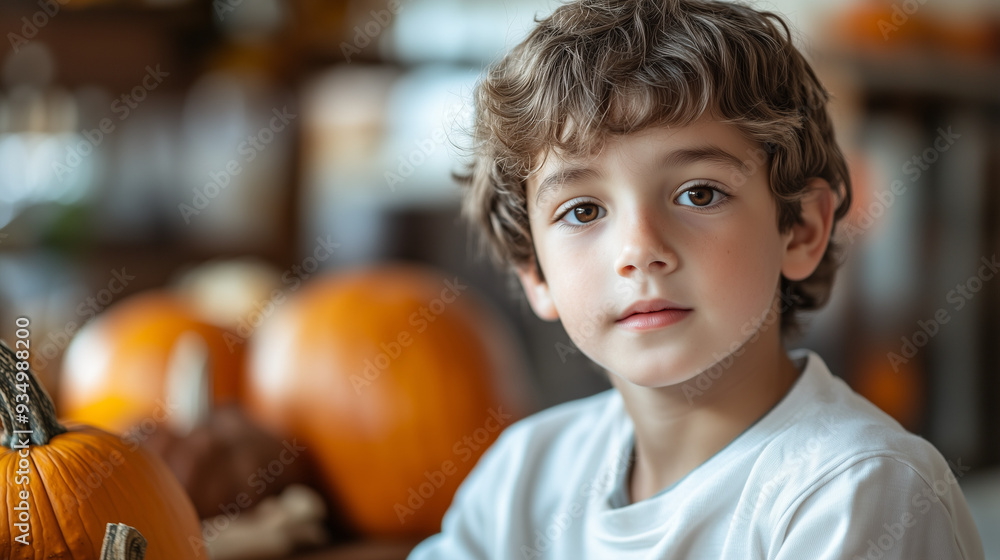 Fototapeta premium A young boy sits in a warm, inviting space filled with pumpkins, capturing the essence of a modern Thanksgiving celebration with a cheerful expression, copy space