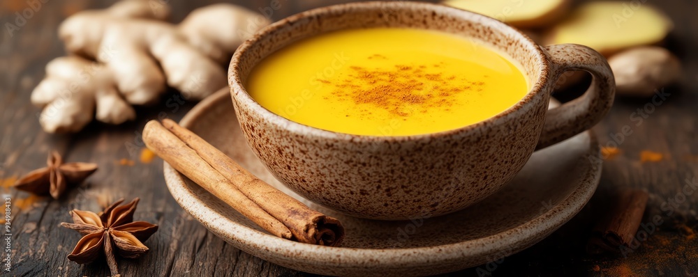 Warm turmeric tea with ginger and cinnamon, rustic wellness retreat setting, herbal drink, warming and antiinflammatory Warm turmeric tea with ginger and cinnamon, rustic wellness retreat setting, herbal drink, warming and antiinflammatory