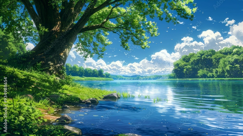 Tranquil Lakeside Scene with Lush Greenery and a Blue Sky Tranquil Lakeside Scene with Lush Greenery and a Blue Sky