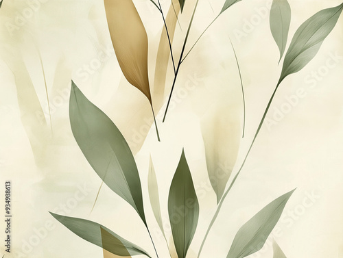 Delicate pattern of overlapping leaves in soft shades of green and beige on a light background. The elegant design creates a calm, natural atmosphere with organic shapes.