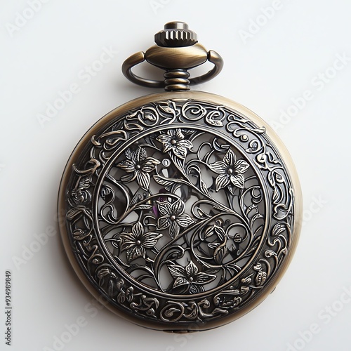 Vintage pocket watch, intricate details, white backdrop