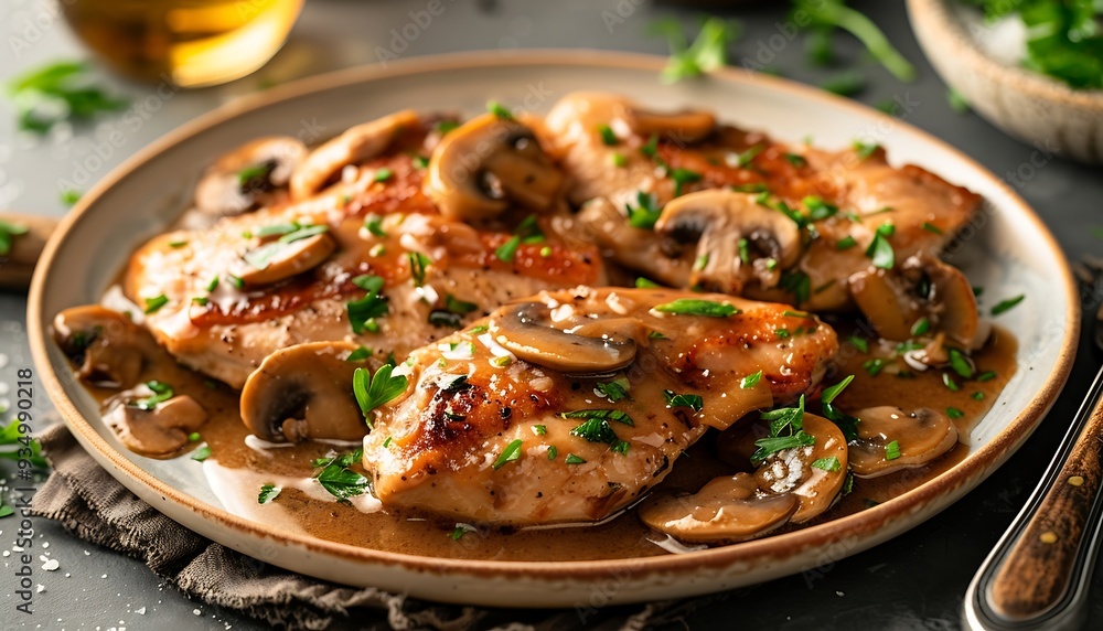 Chicken breast with mushrooms and parsley on a white plate Chicken breast with mushrooms and parsley on a white plate