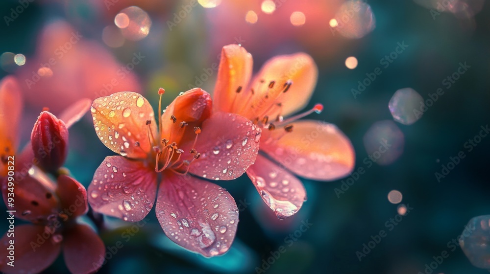 Close-up of vibrant, dew-kissed flowers with intricate details and rich colors, set against a soft, blurred background Close-up of vibrant, dew-kissed flowers with intricate details and rich colors, set against a soft, blurred background