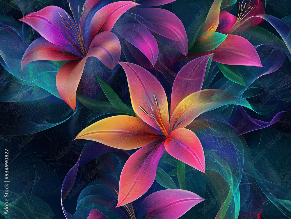 A seamless pattern with colorful, neon-like flowers on a dark background. The bright colors against the dark backdrop create a glowing effect, giving the pattern a vibrant and dynamic look. A seamless pattern with colorful, neon-like flowers on a dark background. The bright colors against the dark backdrop create a glowing effect, giving the pattern a vibrant and dynamic look.