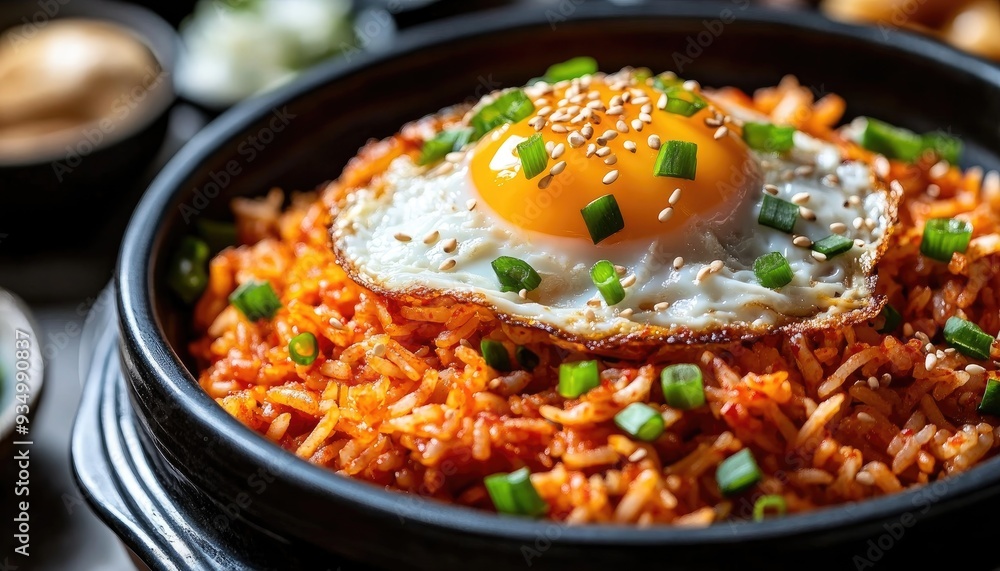 Close-up of a bowl of fried rice with a fried egg, sesame seeds, and green onions. Close-up of a bowl of fried rice with a fried egg, sesame seeds, and green onions.
