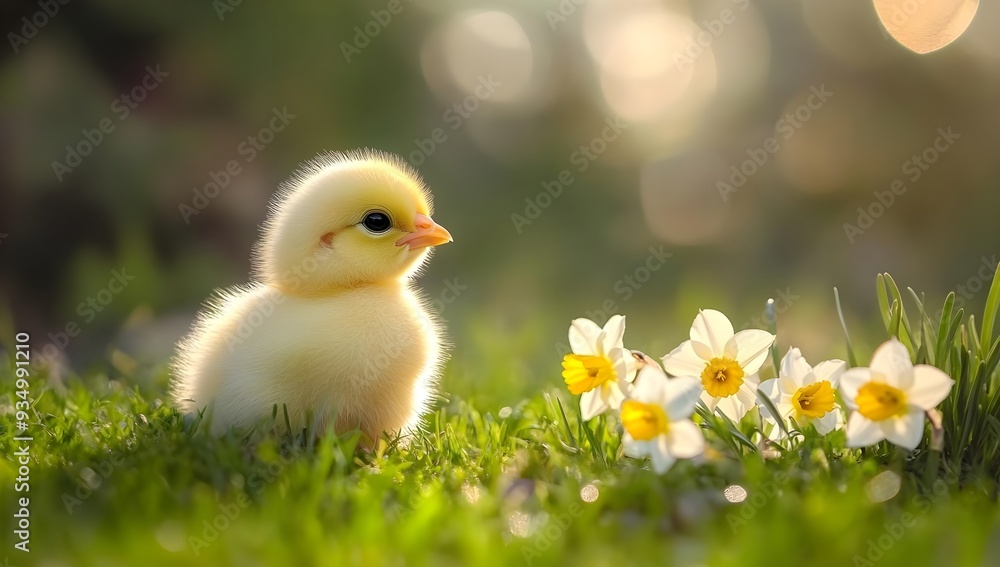 Cute Baby Chick in the Grass with Daffodils. Cute Baby Chick in the Grass with Daffodils.